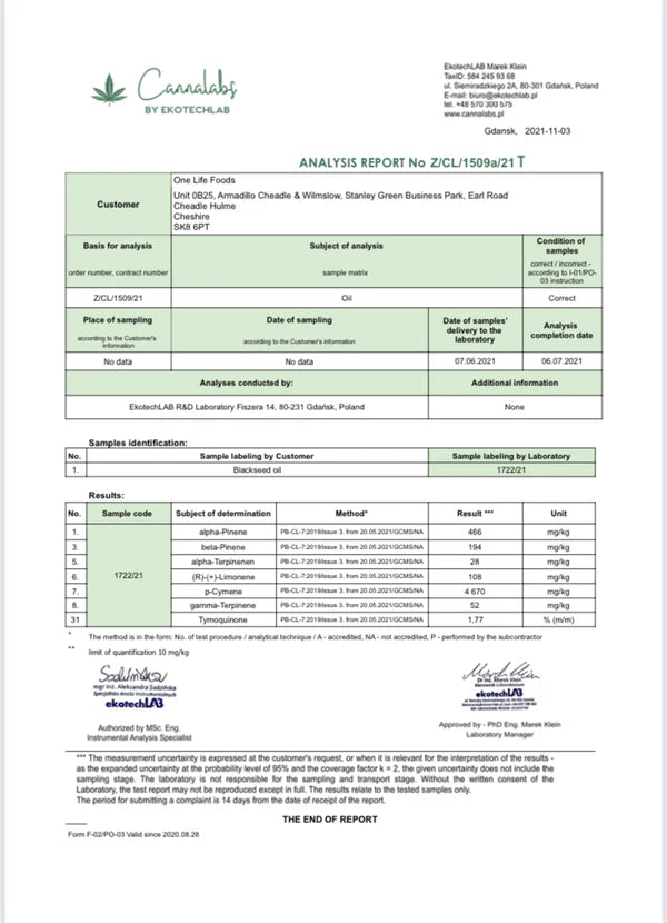 One Life Foods Blackseed Oil Virgin Cold Pressed 100ml