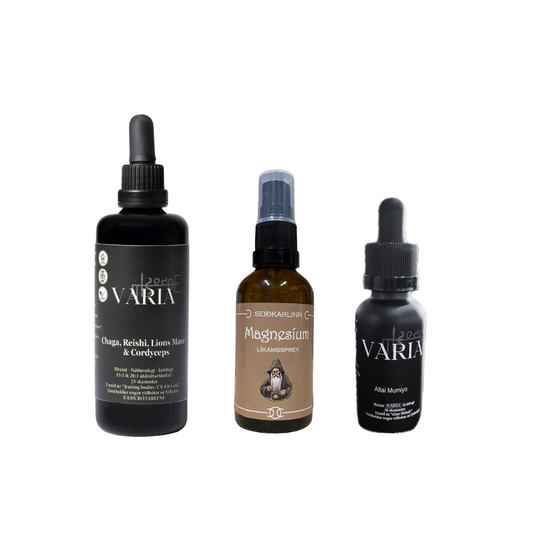 Seiðkarl x Varia 30ml Altai Shilajit dropar, 100ml sveppablöndu dropar Chaga, Reishi, Lions Mane & Cordyceps, 50ml Magnesíum líkamssprey